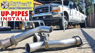 2001 F350 73  RiffRaff UpPipes Install  Stock up pipes leaking and falling apart JUNK SP [upl. by Orel]